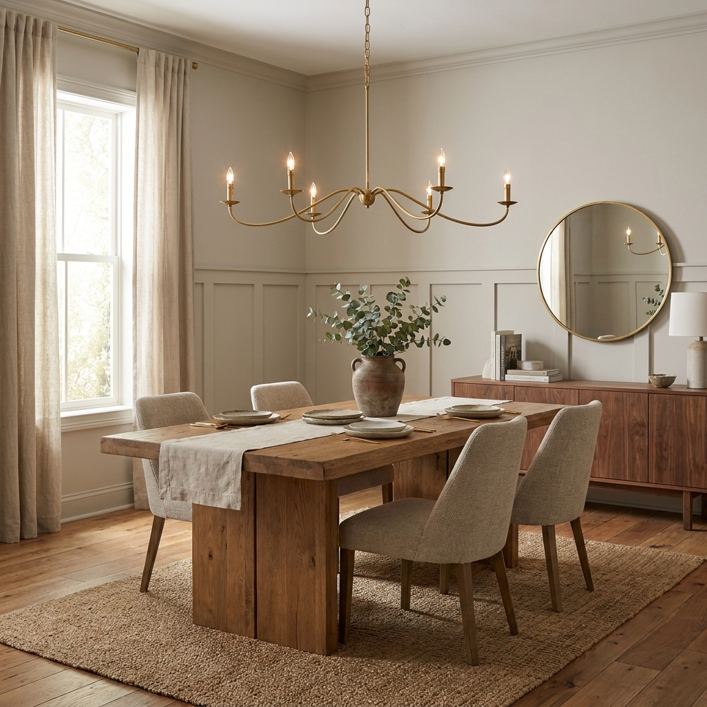 This gold Clérachic chandelier, without lampshades, hangs above a dining table near a round mirror and wood sideboard.