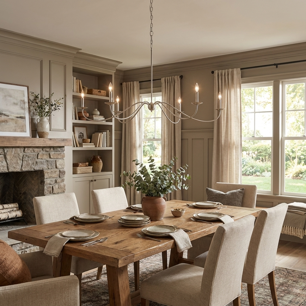 This satin nickel Clérachic chandelier, without lampshades, hangs above a dining table near a stone fireplace and shelving.