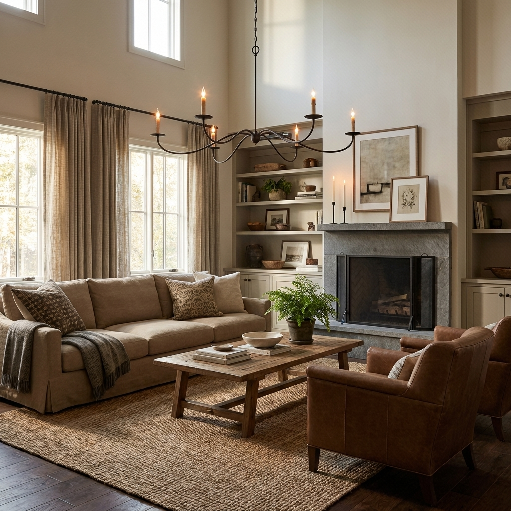 This black Clérachic chandelier, its candle bulbs bare of shades, hangs above a sofa near a living room fireplace.