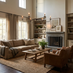This black Clérachic chandelier, its candle bulbs bare of shades, hangs above a sofa near a living room fireplace.