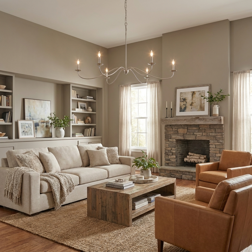 Hung without lampshades, this black Clérachic chandelier anchors a living room with a stone fireplace and built-in shelves.