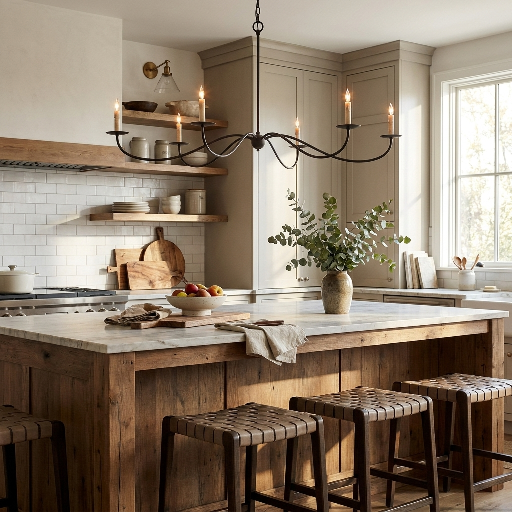 With bare candle bulbs and a black finish, this Clérachic chandelier hangs above a kitchen island lined with leather stools.