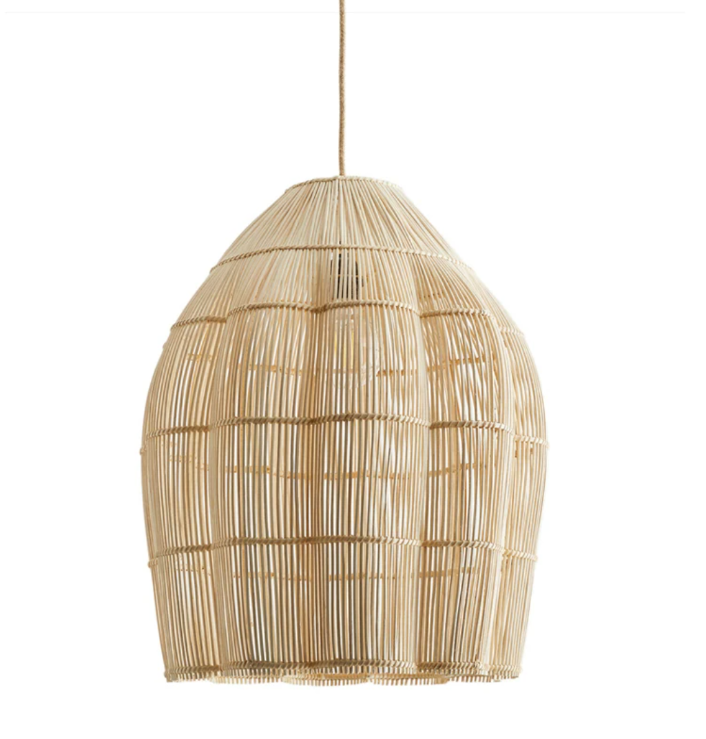 Studio shot of this Clérachic pendant's tapered rattan dome, seen from a slightly different angle.