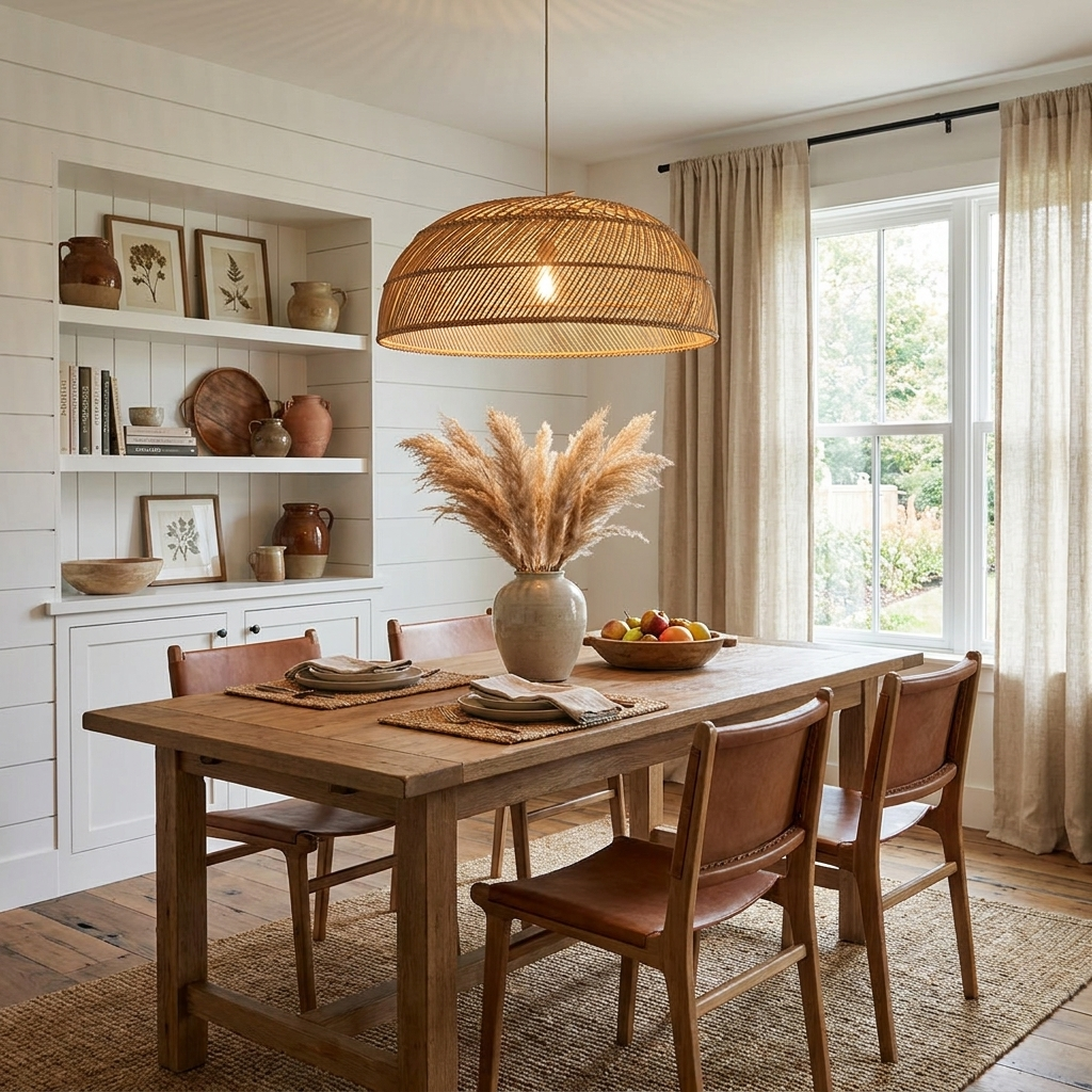 This Clérachic pendant hangs above a wood dining table with leather chairs, built-in shelving styled with pampas grass behind.