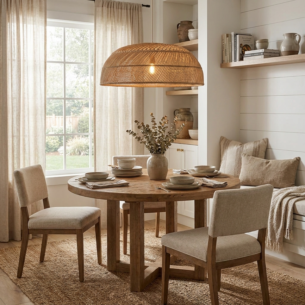 This Clérachic pendant hangs in a breakfast nook above a round table with a built-in cushioned bench.