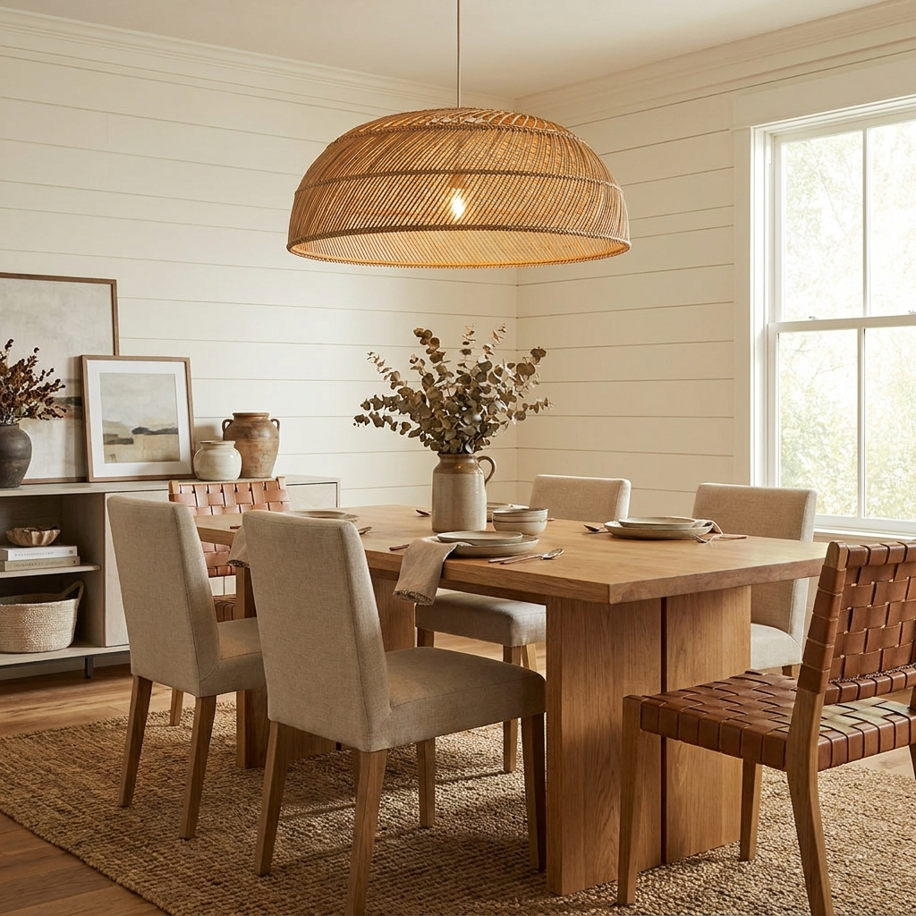 This Clérachic pendant hangs above a wood dining table near a shiplap wall and a tall window.