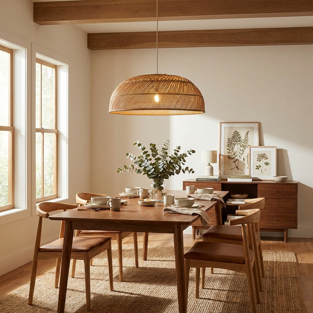 This Clérachic pendant hangs beneath wood ceiling beams above a table set with a sideboard of framed botanical prints.