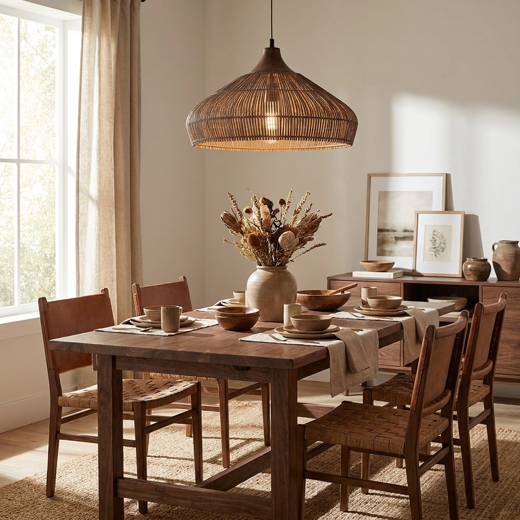 This Clérachic pendant hangs above a wood dining table set with woven placemats, a sideboard of framed art behind.