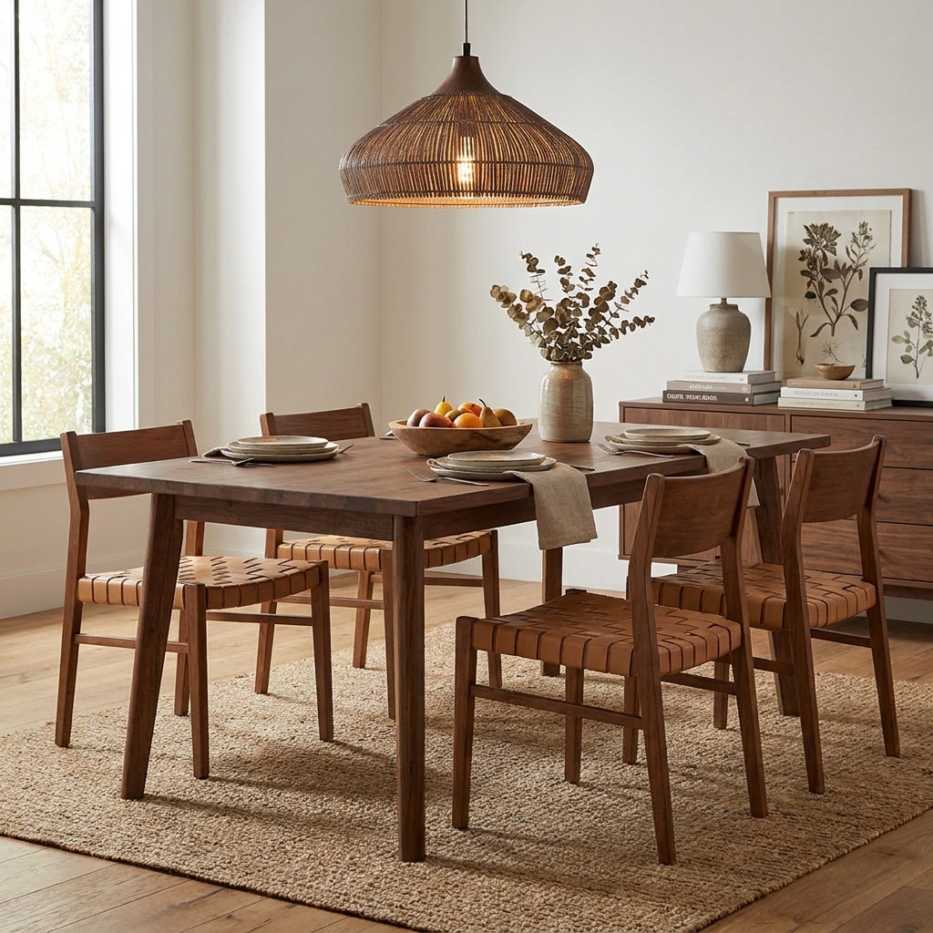 Near black-framed windows, this Clérachic pendant hangs above a wood dining table with a sideboard and table lamp.