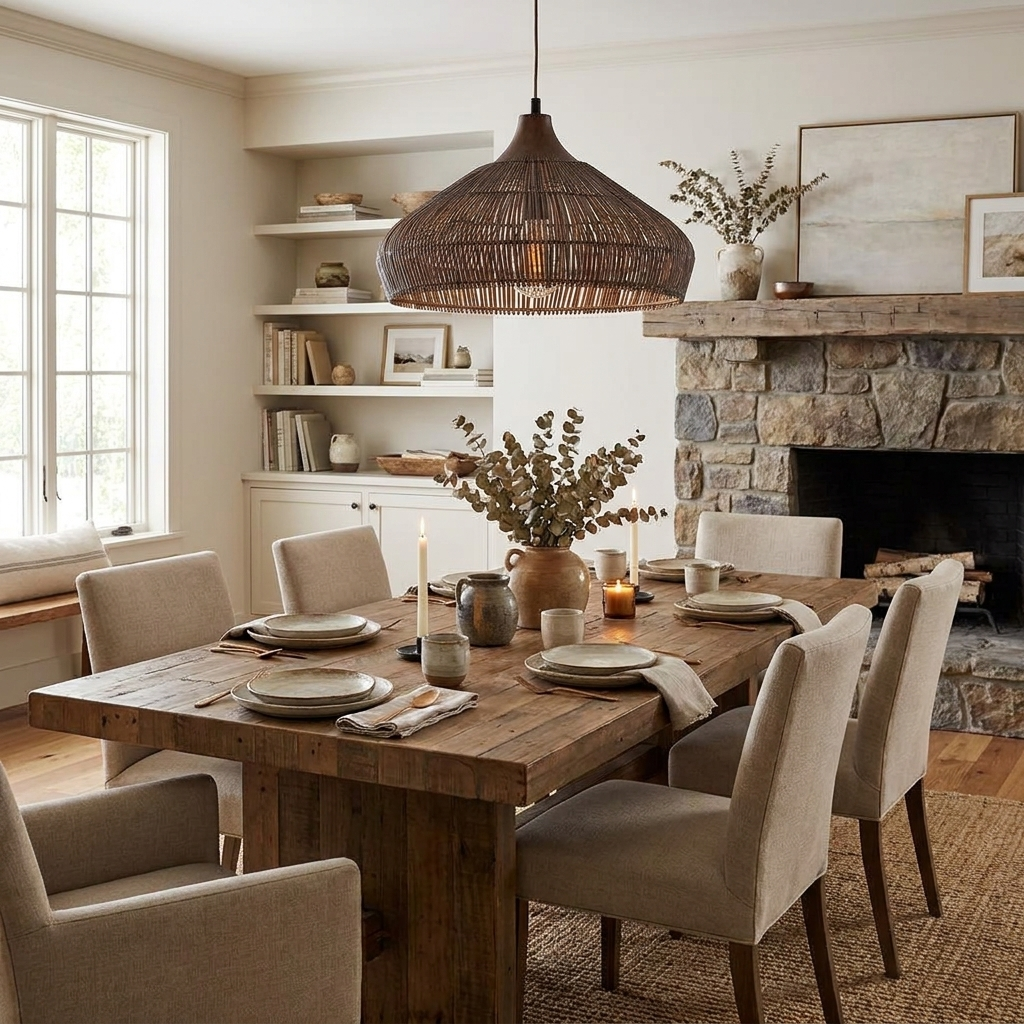 This Clérachic pendant hangs above a wood dining table near a stone fireplace and built-in shelving.