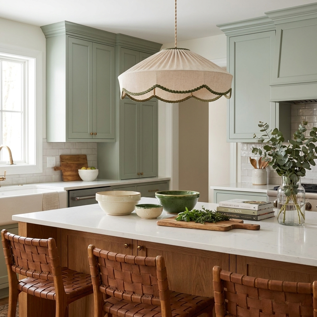 In a kitchen with muted-green cabinetry, this Clérachic pendant's pleated beige shade hangs above a marble island.