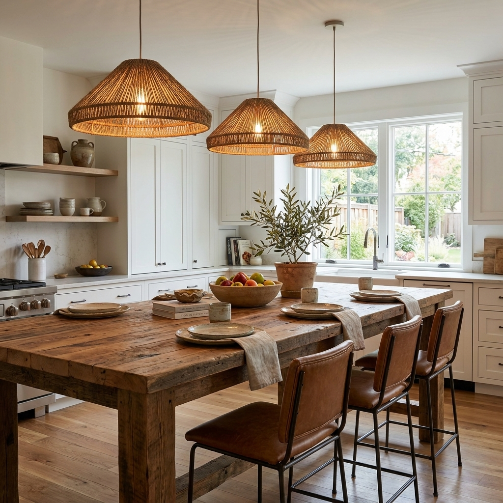 Three of this Clérachic pendant hang over a kitchen island with white cabinetry and tall windows behind.