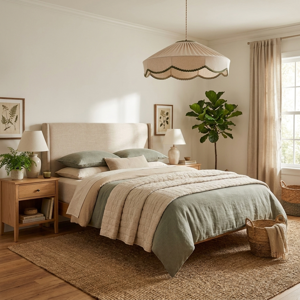 In a bedroom with a beige headboard, this Clérachic pendant hangs beside a fig tree by the window.