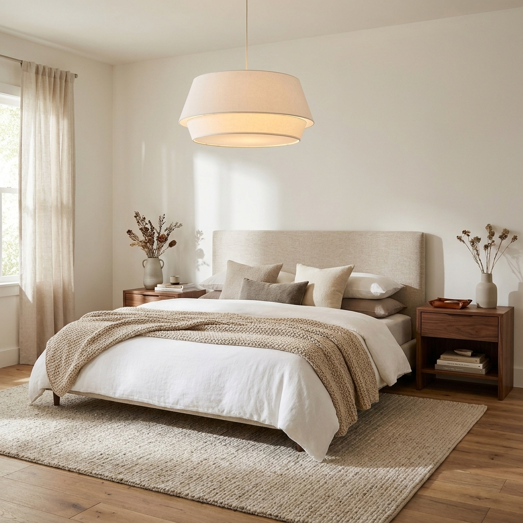 This Clérachic pendant hangs above a bed with a beige headboard and a rust-toned throw.