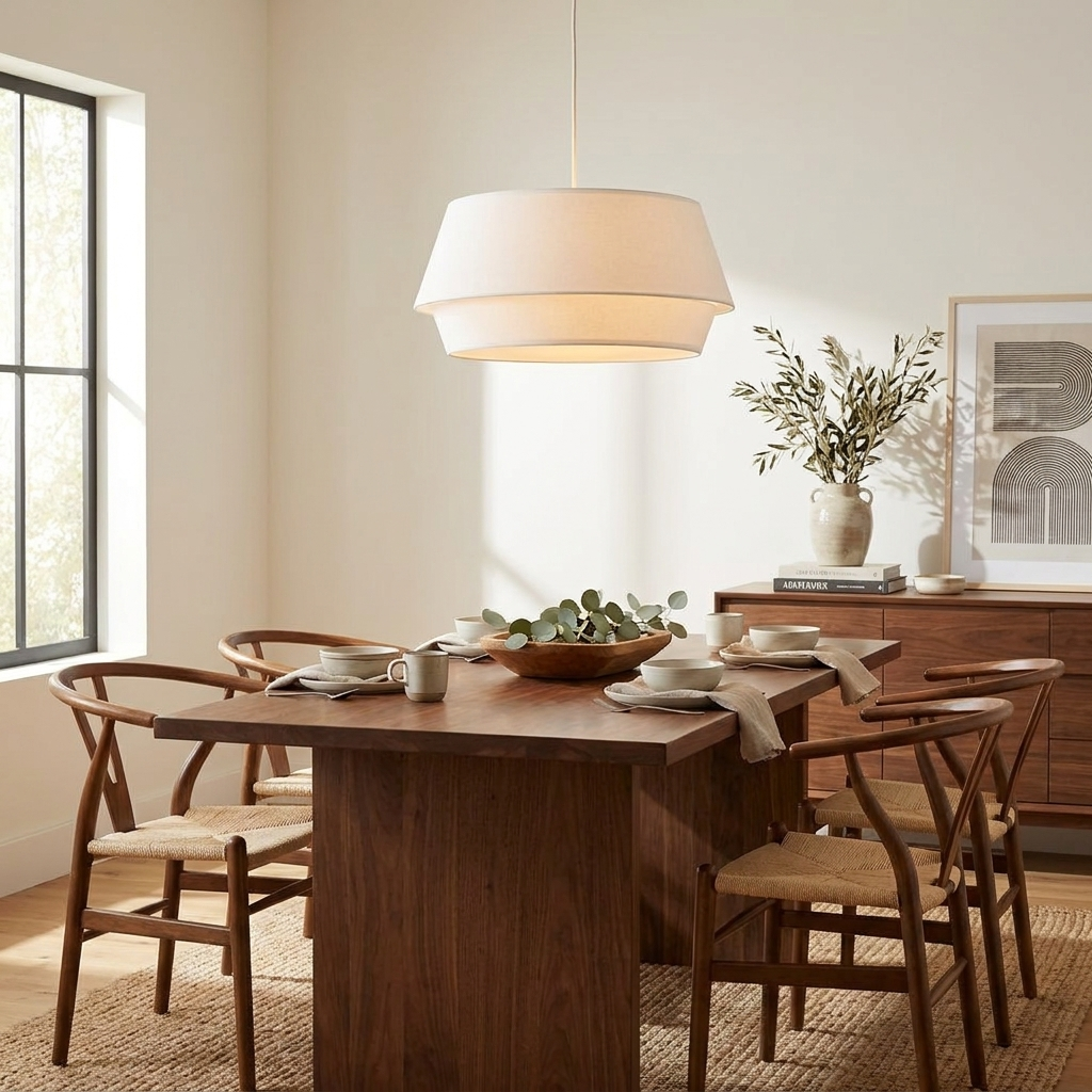 A two-tier white linen drum pendant from Clérachic hangs above a dark wood dining table set with woven chairs.