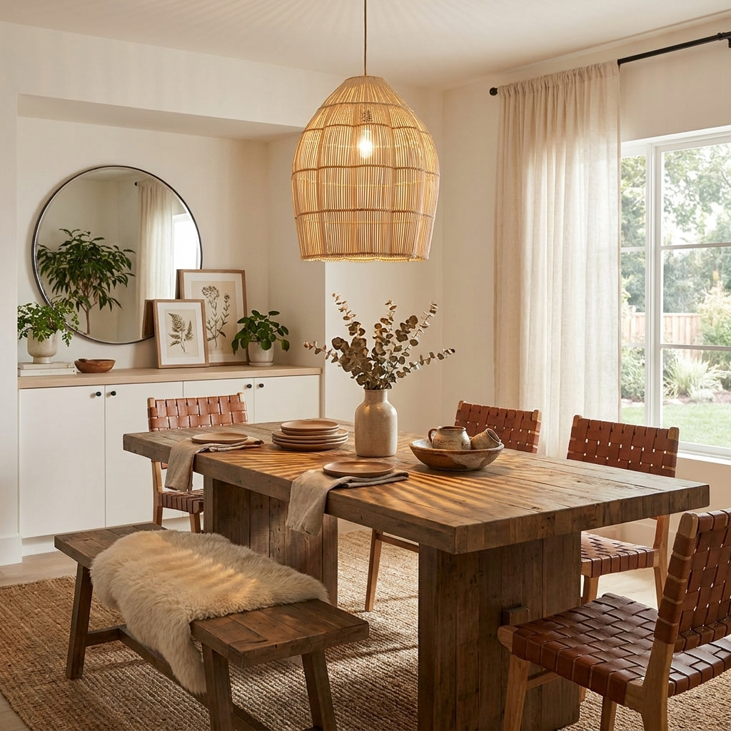 In a dining room with a round mirror, this Clérachic pendant hangs above a wood table set with woven leather chairs.