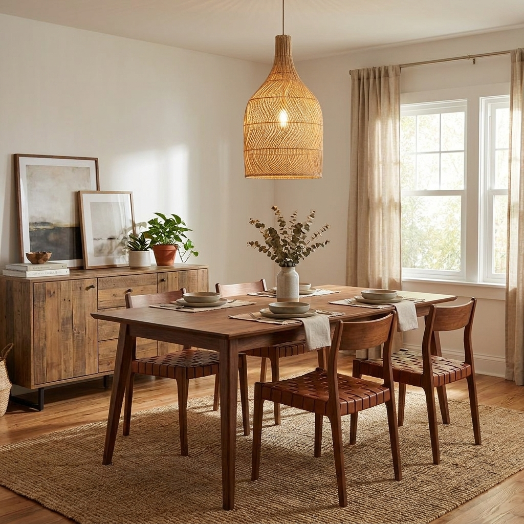 This Clérachic pendant's vase-shaped rattan body hangs above a wood dining table set with leather chairs.