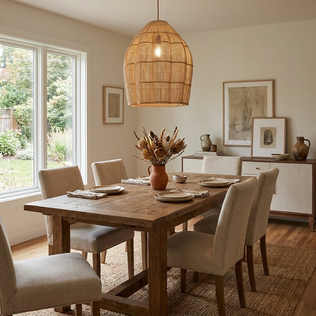 This Clérachic pendant's tapered rattan dome hangs above a wood dining table set with beige linen chairs.