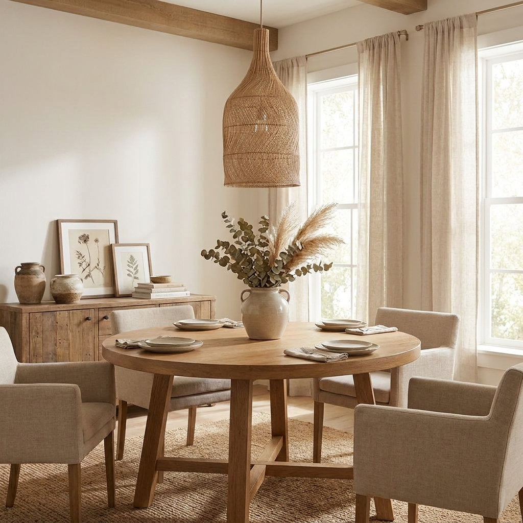 Above a round oak table with beige upholstered chairs, this Clérachic pendant hangs near a eucalyptus centrepiece.