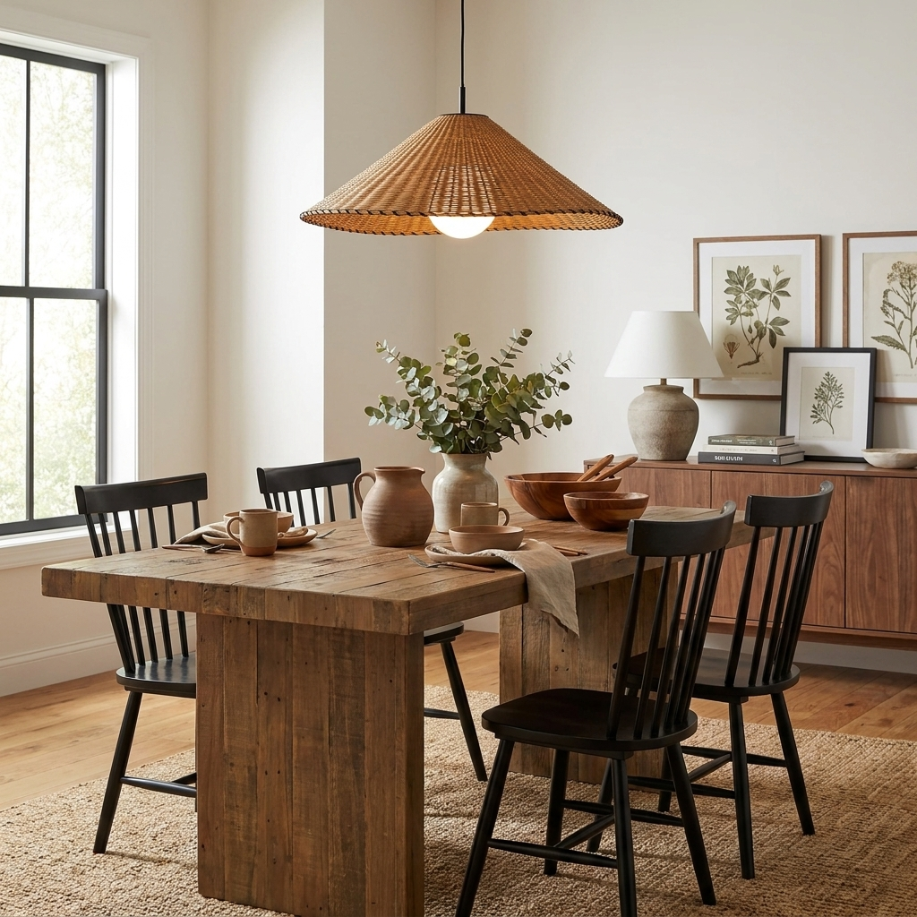 This Clérachic pendant lights a wood dining table set beside a sideboard with a lamp and framed art.