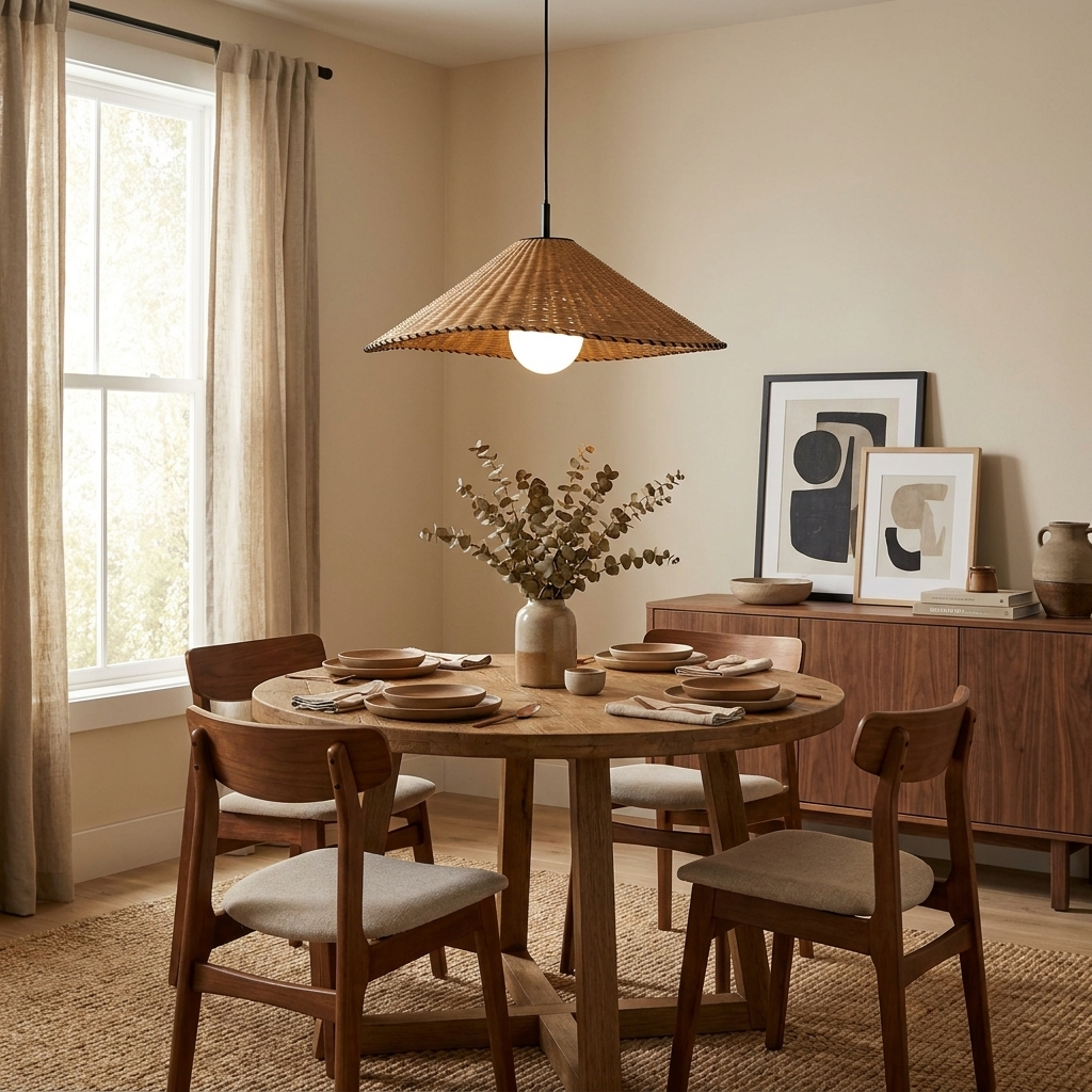 This Clérachic pendant lights a round dining table set beside a sideboard with framed art.