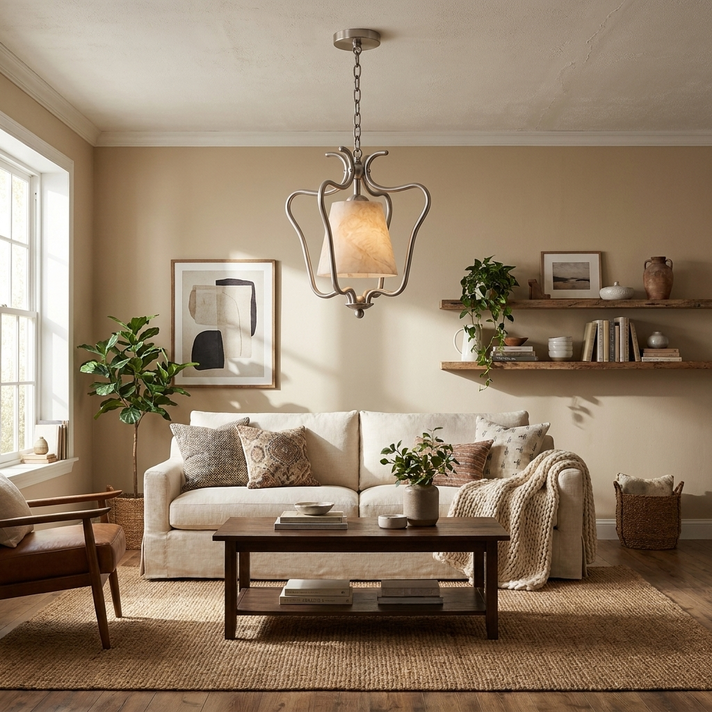 Above a coffee table near open bookshelves, the nickel finish of this Clérachic pendant lights a living room sofa area.