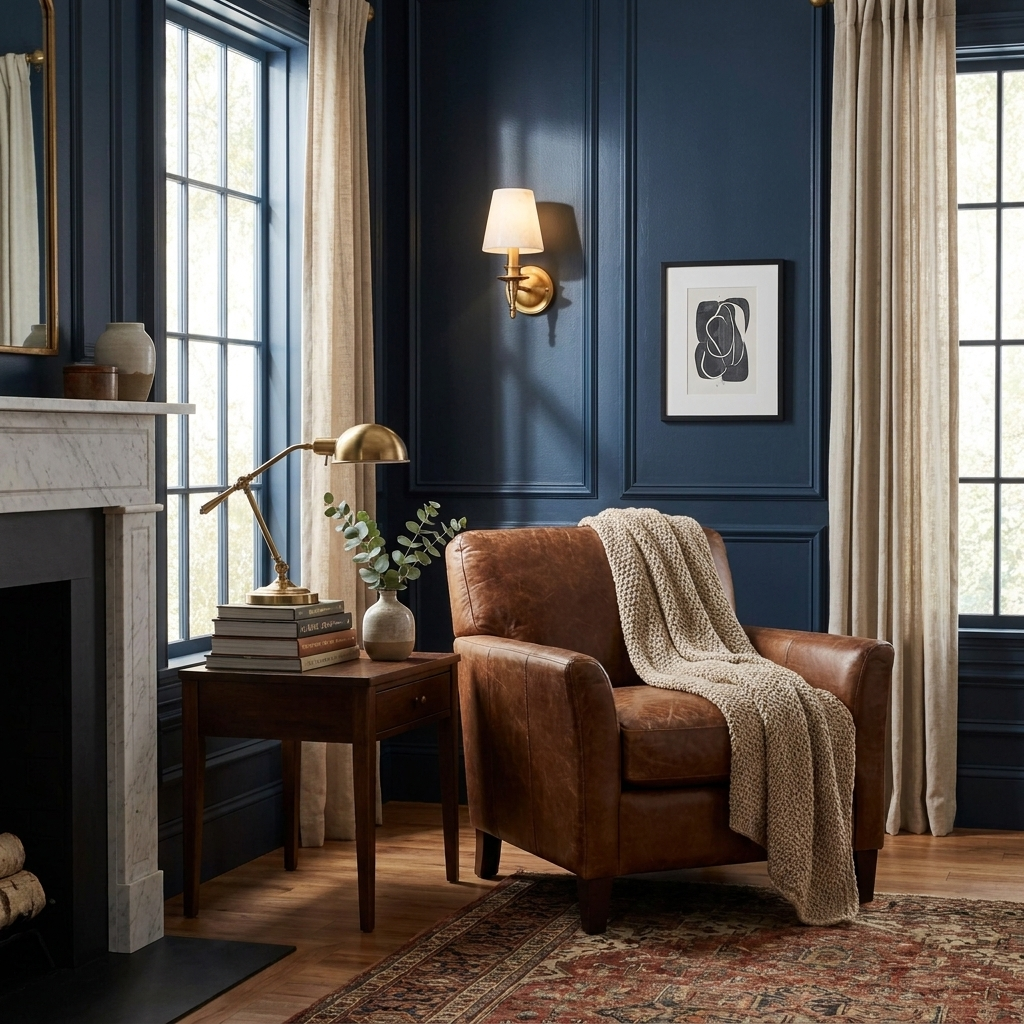 Against a deep navy panelled wall, this brushed brass Clérachic wall sconce glows beside a marble fireplace and leather armchair.
