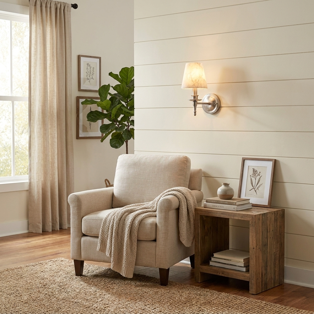 On a shiplap wall, this matte black Clérachic wall sconce glows beside a fiddle-leaf fig plant and cream armchair.