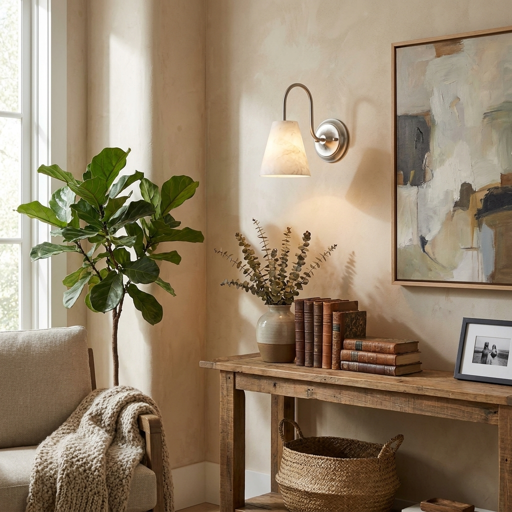 A fiddle-leaf fig plant stands beside this brushed nickel Clérachic wall sconce, glowing above a console with books and a basket.