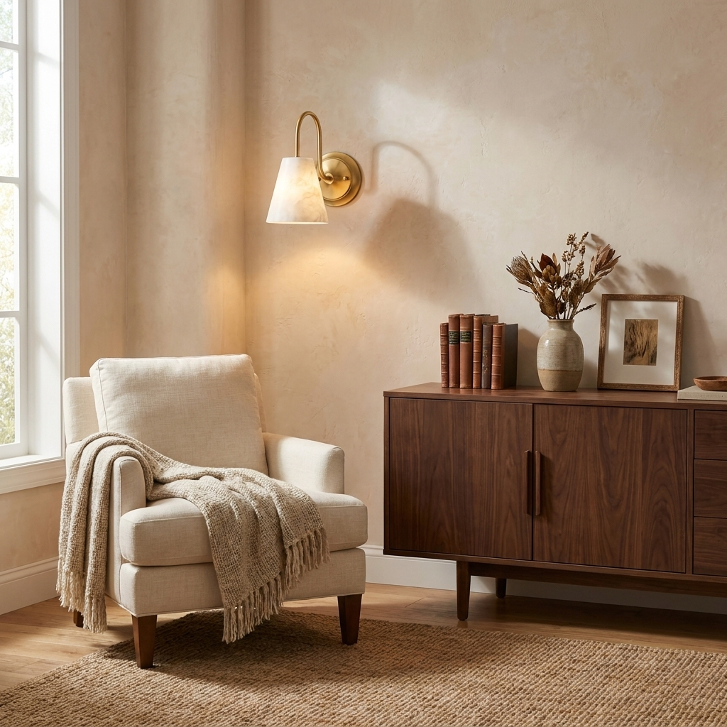 This brushed brass Clérachic wall sconce glows above a walnut sideboard beside a cream armchair draped with a throw.