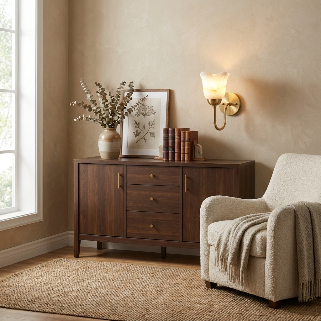 This brushed brass Clérachic wall sconce glows above a walnut console dressed with books and a framed botanical print.