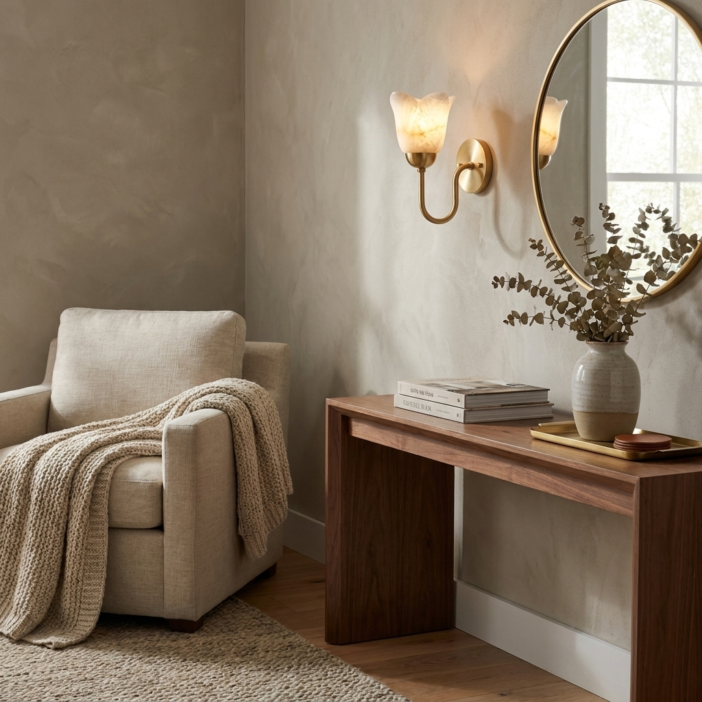 Beside a round mirror, this brushed brass Clérachic wall sconce glows above a console table with a vase and books.
