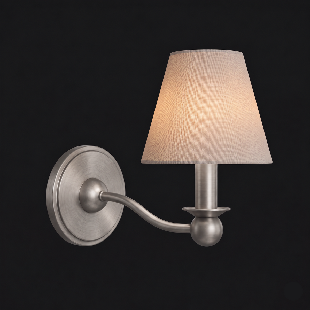 This brushed nickel Clérachic wall sconce, unlit, is shown as a cutout with its single fabric drum shade.