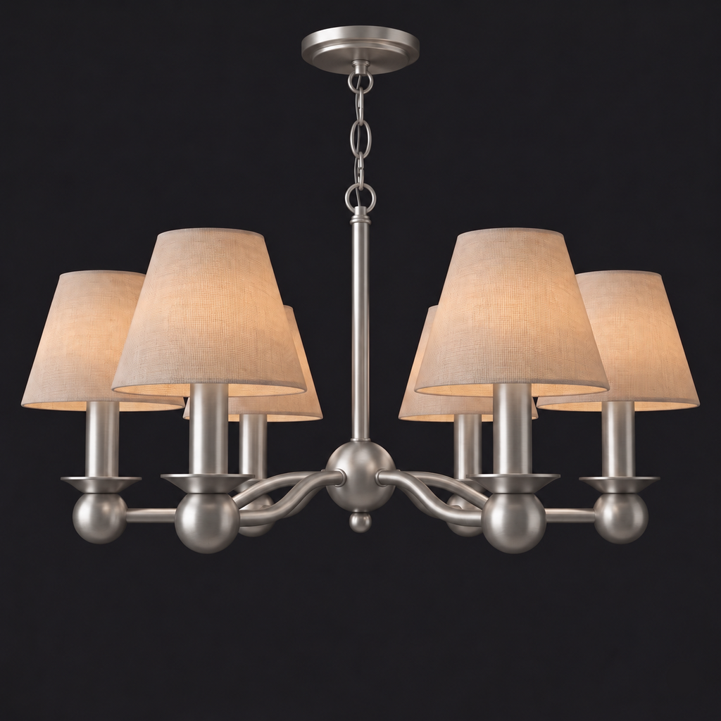 Unlit against a dark background, this brushed nickel Clérachic chandelier shows its six branching arms and drum shades.