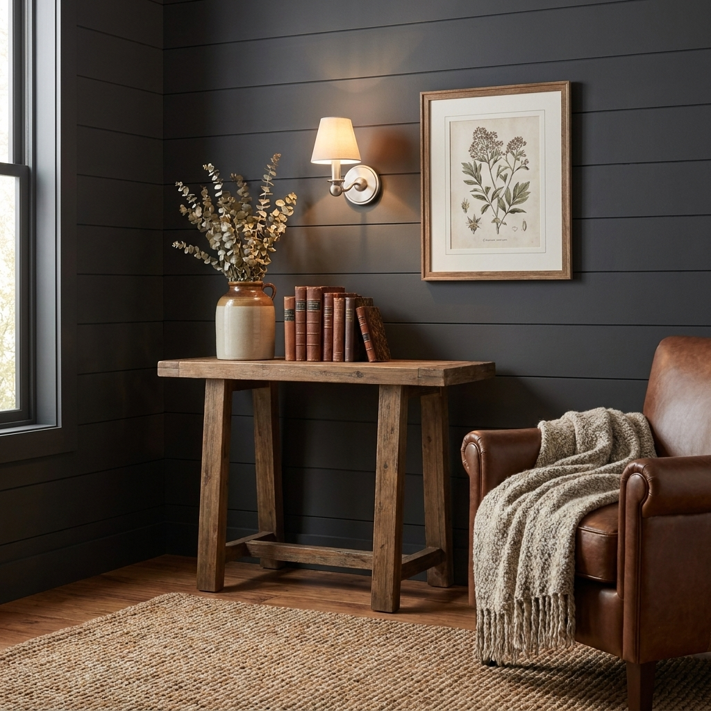 Mounted on dark shiplap panelling, this Clérachic wall sconce in brushed nickel lights a console beside a leather armchair.