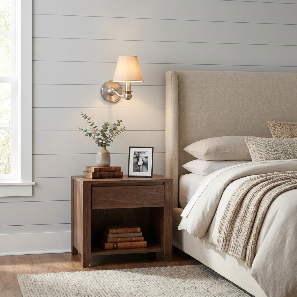 On a shiplap wall, this matte black Clérachic wall sconce lights a bedside nightstand beside an upholstered headboard.