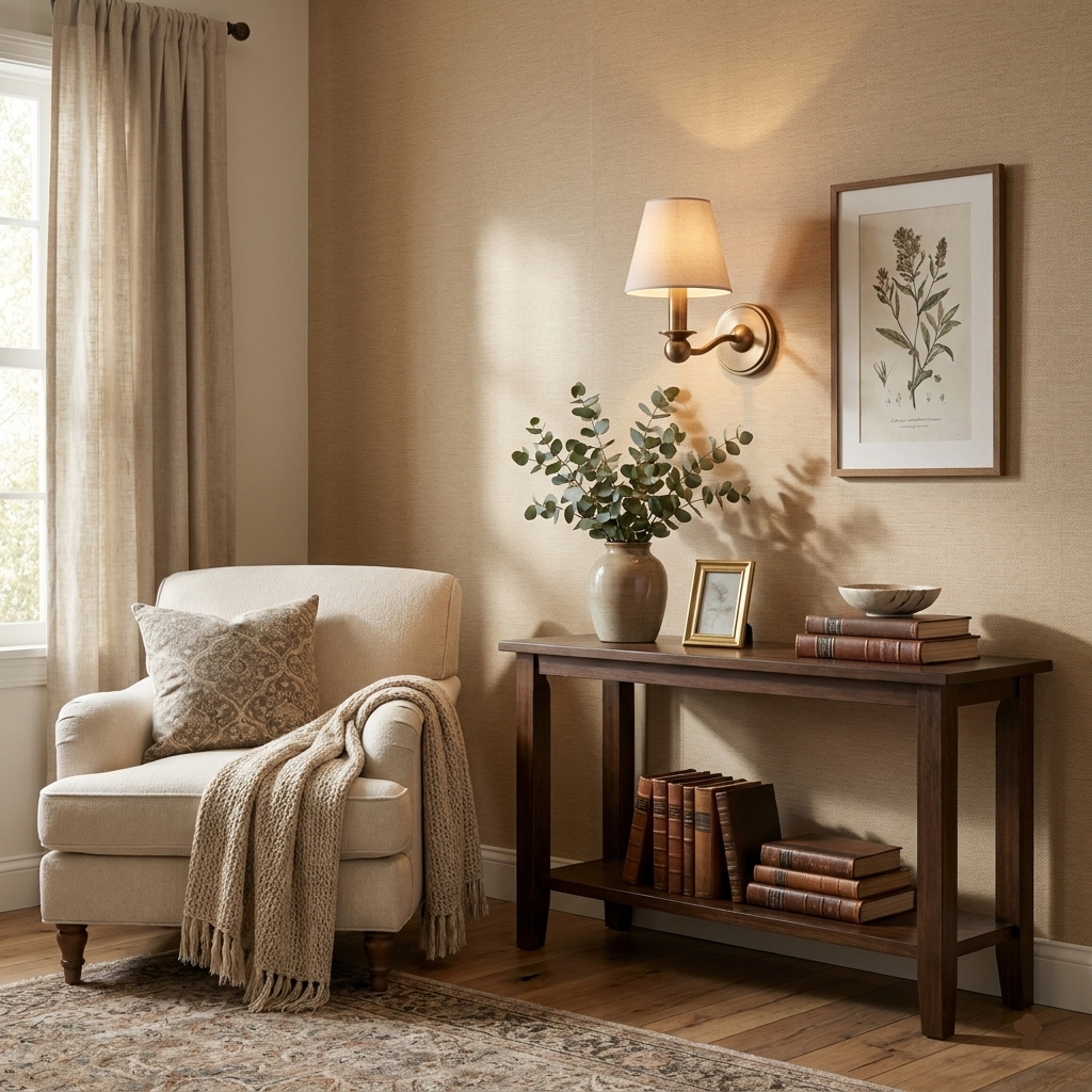 In brushed brass, this Clérachic wall sconce glows above a console styled with a vase and a framed botanical print.