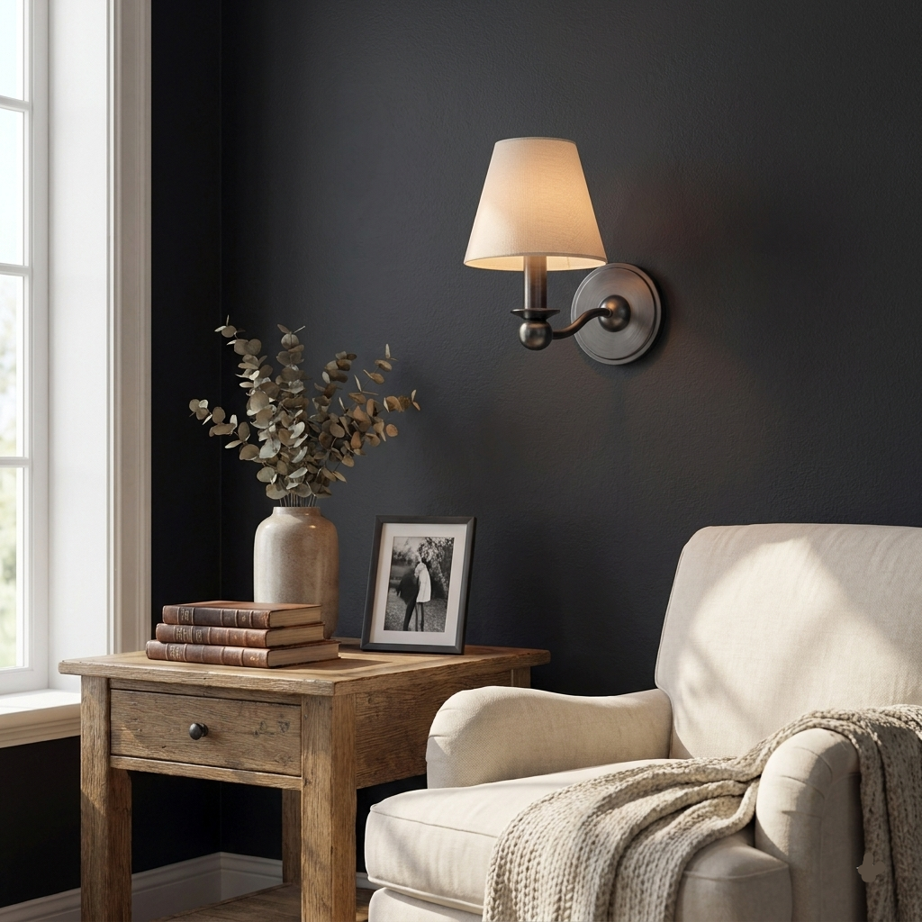 Against a deep navy wall, this matte black Clérachic wall sconce lights a side table beside a cream armchair.