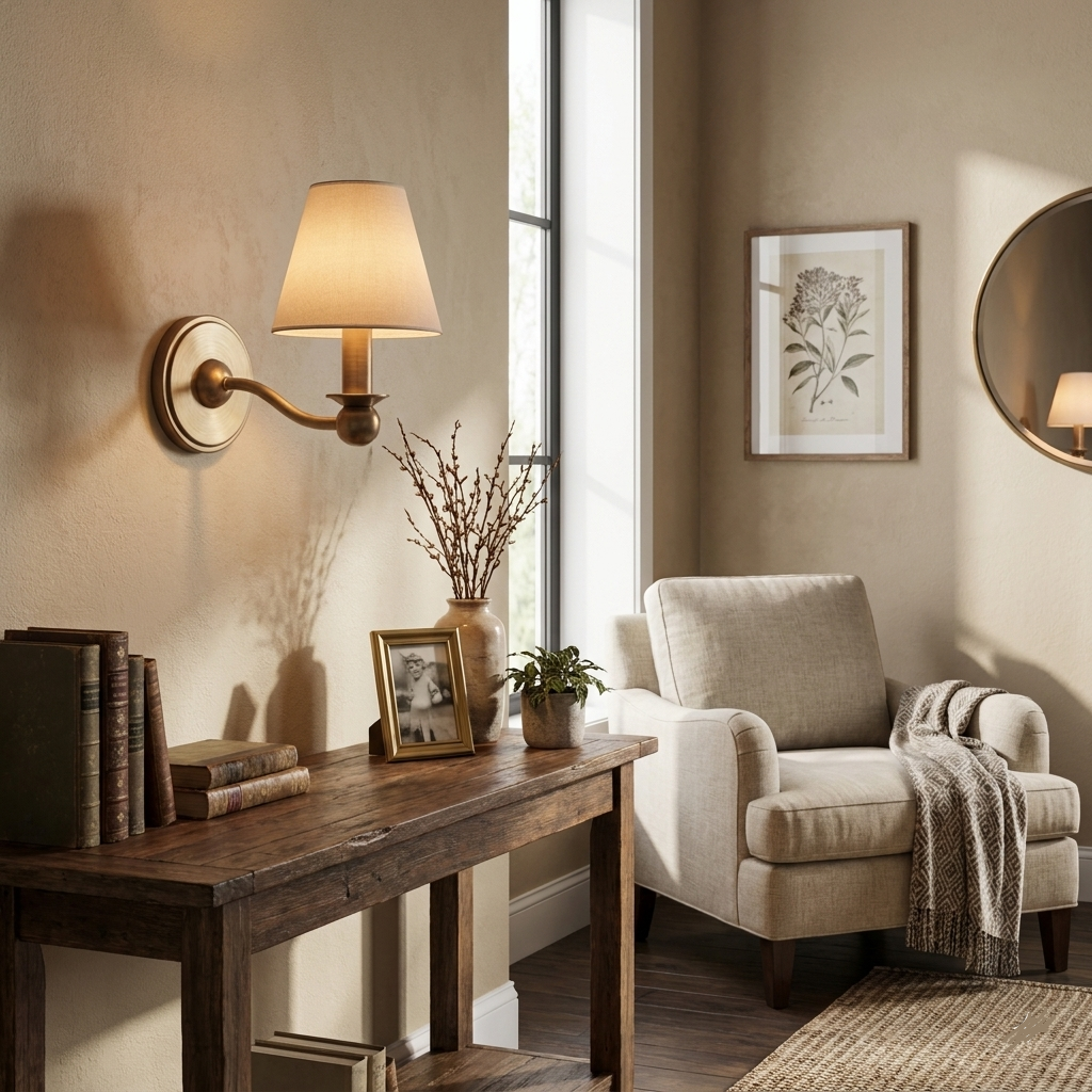 This brushed brass Clérachic wall sconce lights a console beneath a round mirror and a framed botanical print.