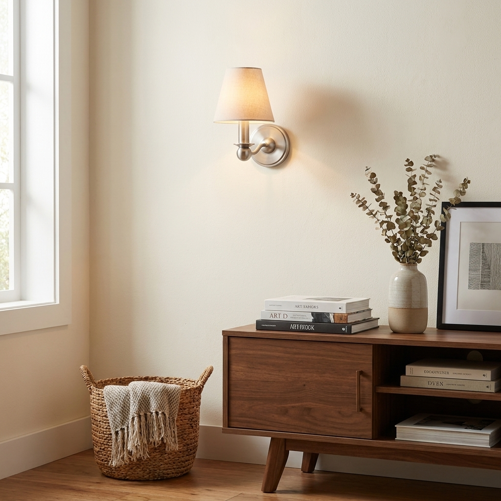 This brushed nickel Clérachic wall sconce glows above a walnut console with a woven basket and stacked books.
