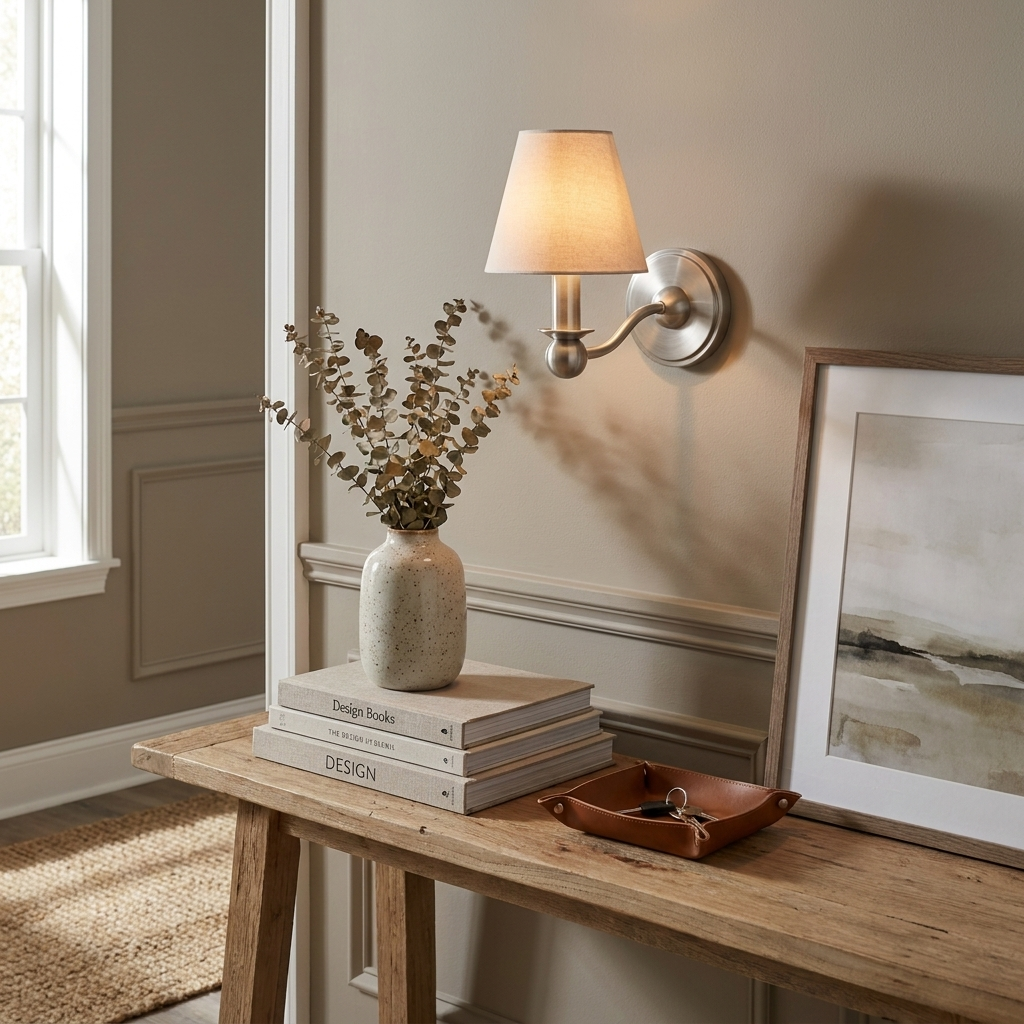 Lit in brushed nickel, this Clérachic wall sconce glows above a console dressed with a vase and framed art.
