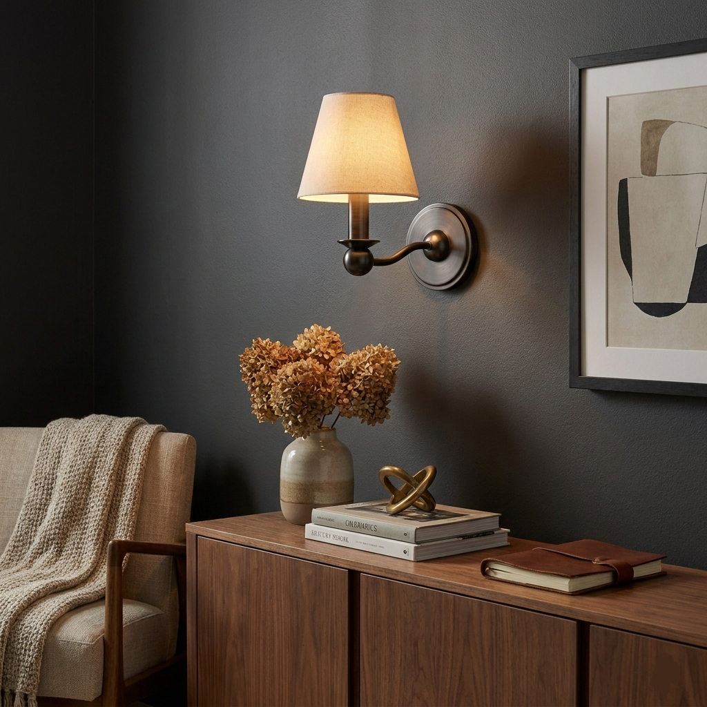 On a charcoal wall, this matte black Clérachic wall sconce glows above a sideboard dressed with dried flowers and books.