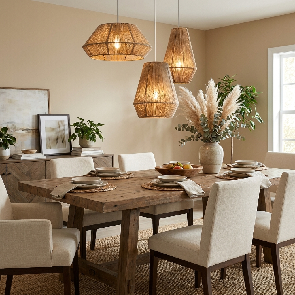 Above a dining table set with pampas grass and cream chairs, three jute rope Clérachic pendants cluster at different heights.