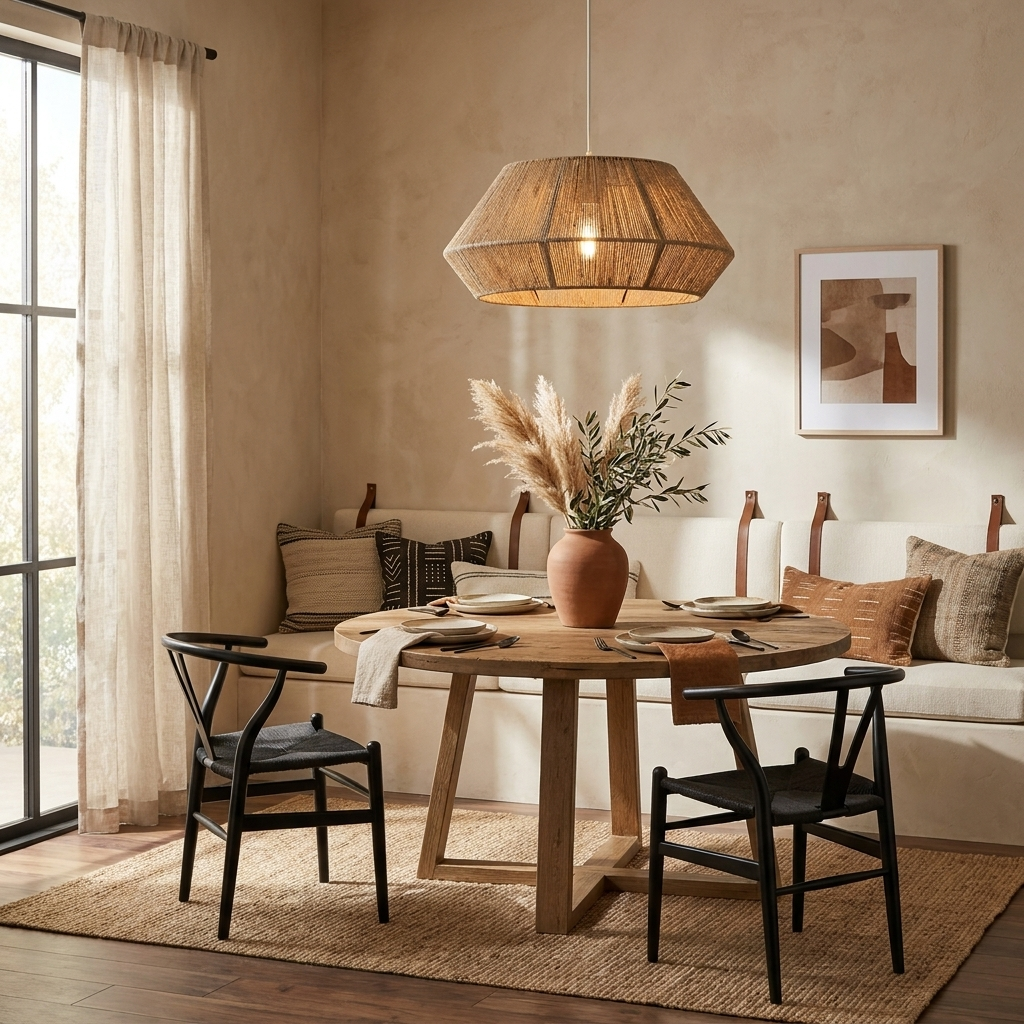 A bowl-cone Clérachic pendant lights a round dining table with built-in bench seating and a vase of pampas grass.