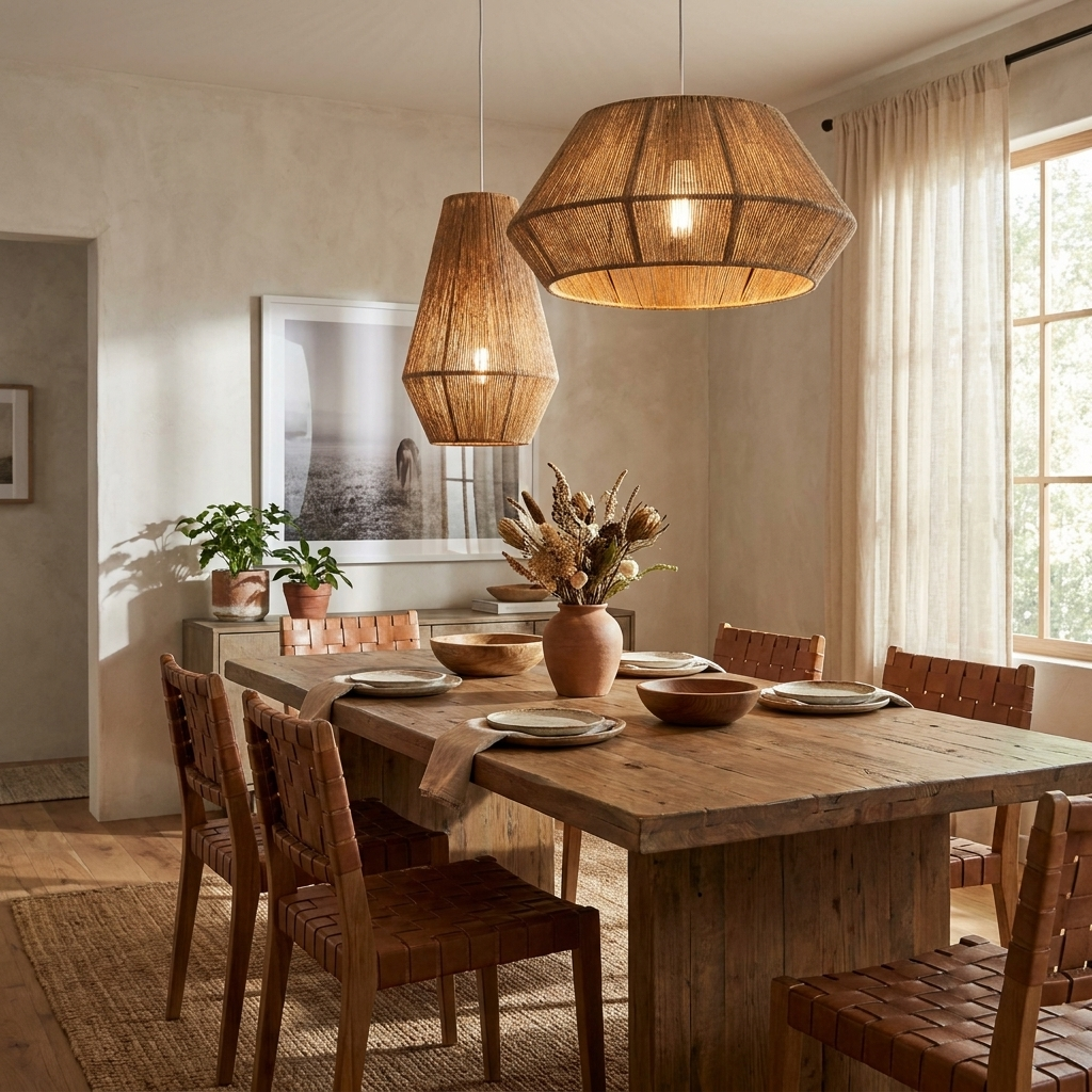 Two jute rope Clérachic pendants hang above a rustic dining table dressed with leather chairs and sheer curtains.