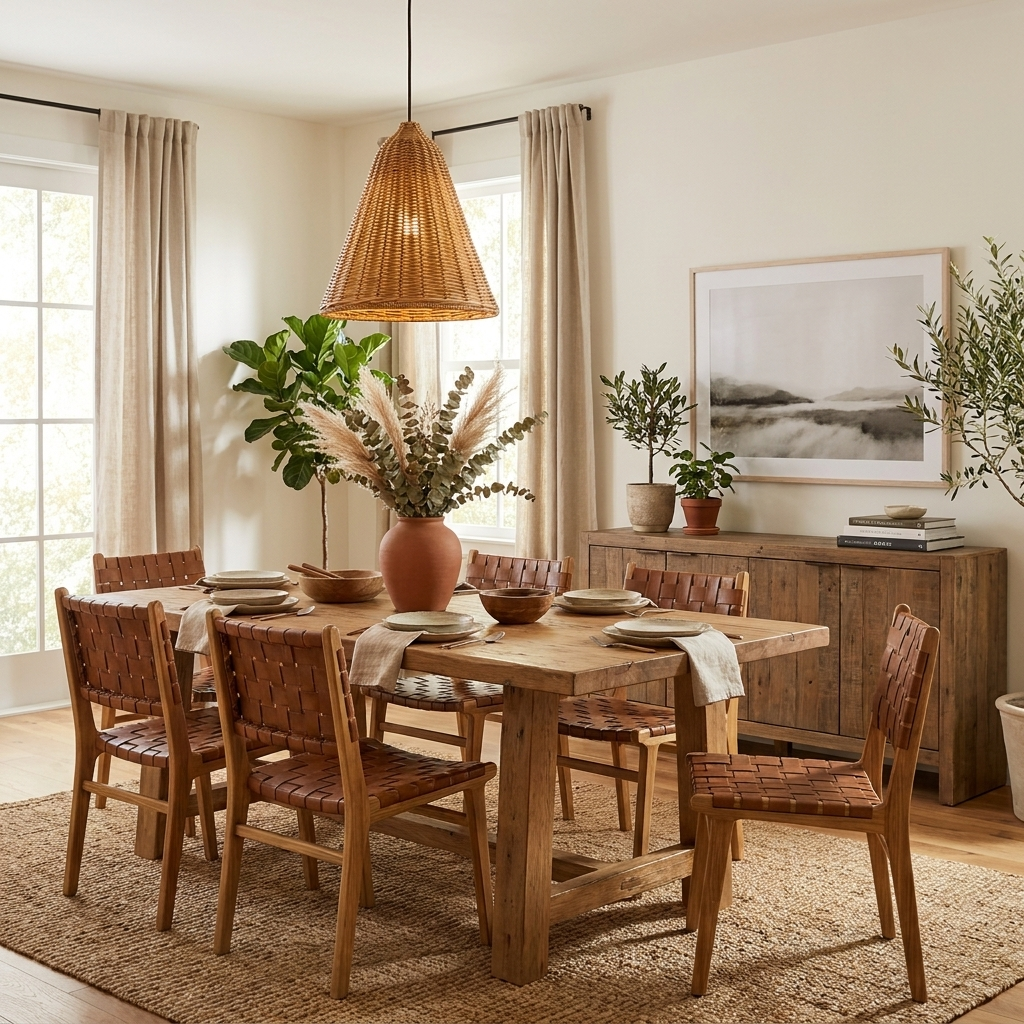 A cone-shaped rattan Clérachic pendant lights a dining table set with leather-woven chairs and potted plants.