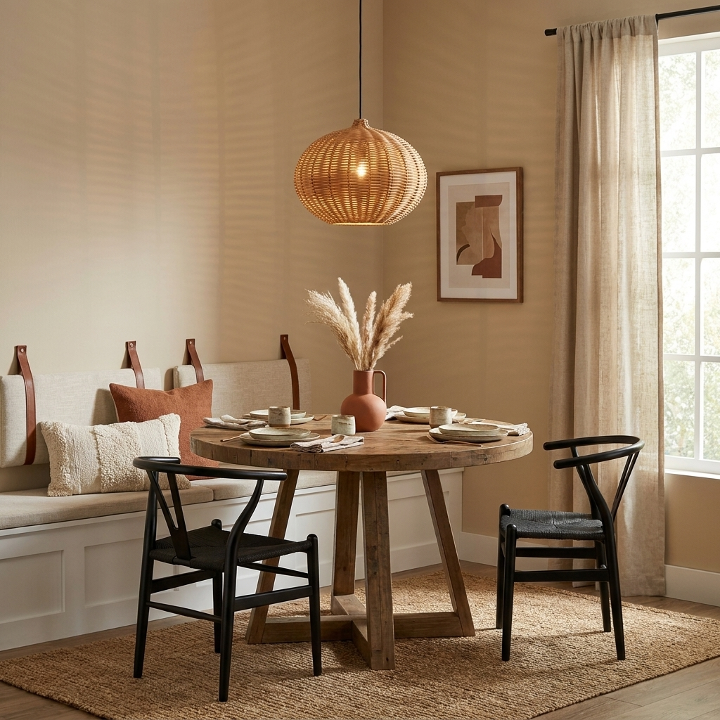 A pumpkin-round rattan Clérachic pendant glows above a round table with black wishbone chairs and bench seating.