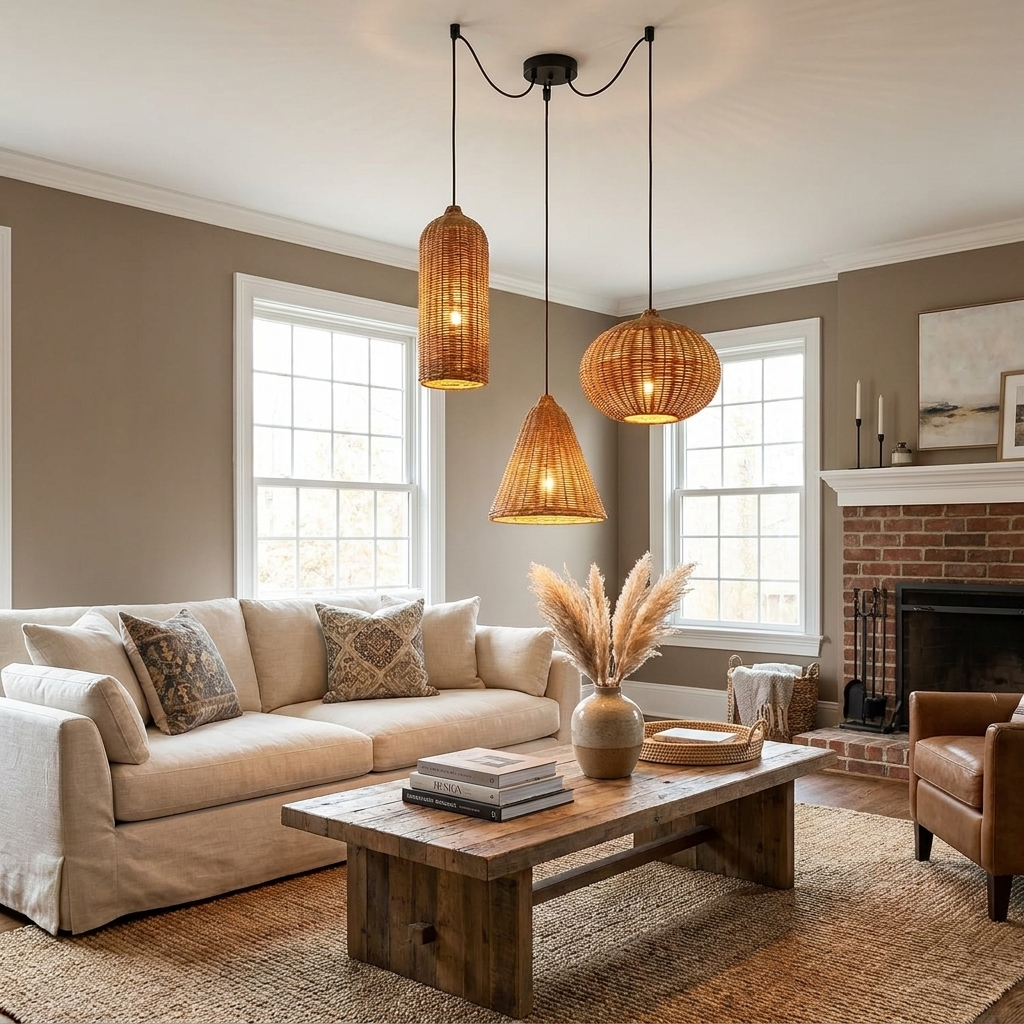 Three rattan Clérachic pendants, cylinder, cone, and pumpkin shapes, glow above a living room coffee table and fireplace.