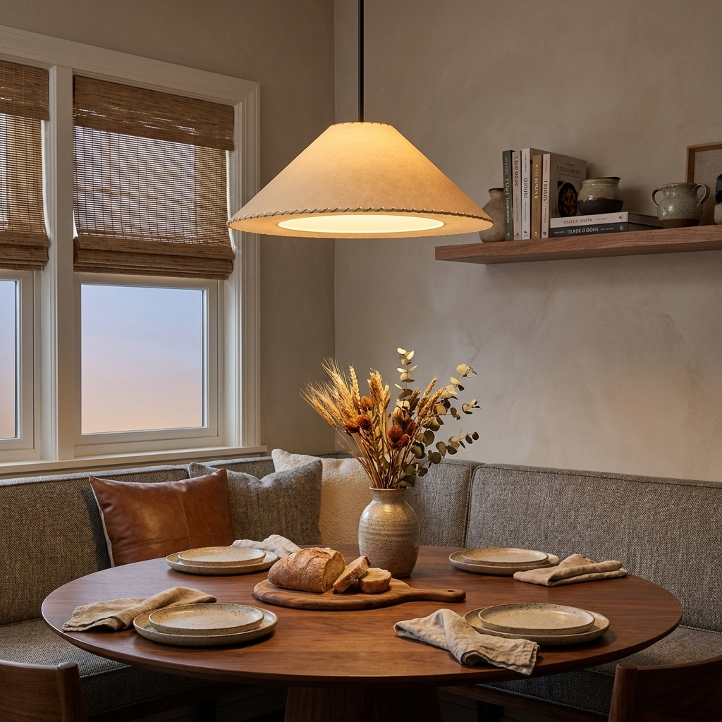 In a breakfast nook with bamboo blinds, a beige Clérachic pendant lights a round table set for two.