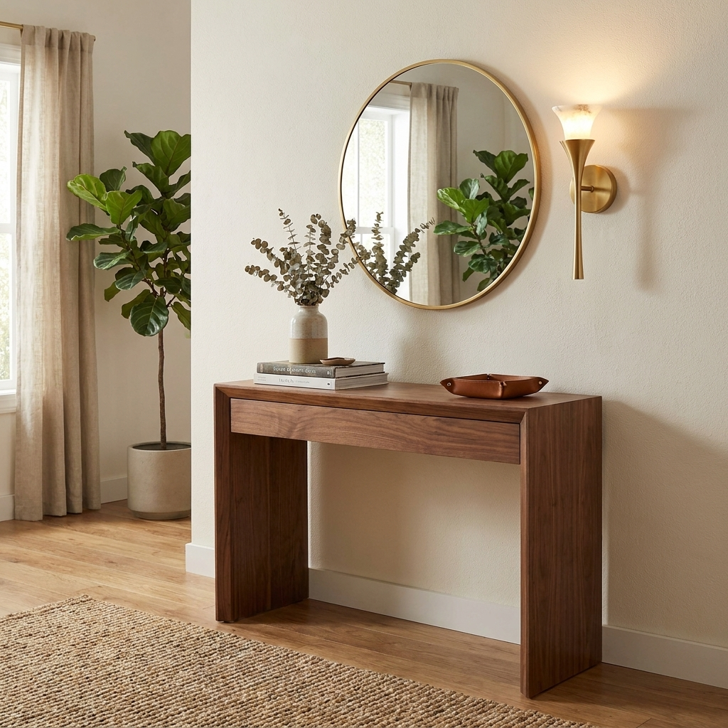Near a round mirror and potted fig tree in an entryway, this Clérachic sconce in brushed brass lights a walnut console.